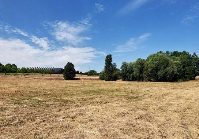 Estado actual de los terreno ocupados por la villa romana y, al fondo, el estadio de fútbol José Zorrilla.