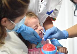 Vacunación intranasal con la antigripal a un pequeño.