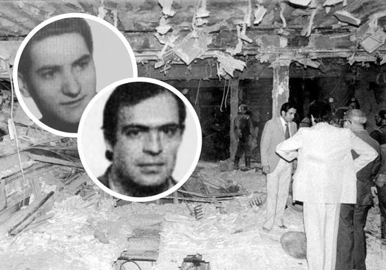Benito Arroyo y Jesús Ildefonso García, dos de las víctimas vallisoletanas de ETA. De fondo, atentado en la cafetería Rolando, donde murió Luis Martínez Marín.