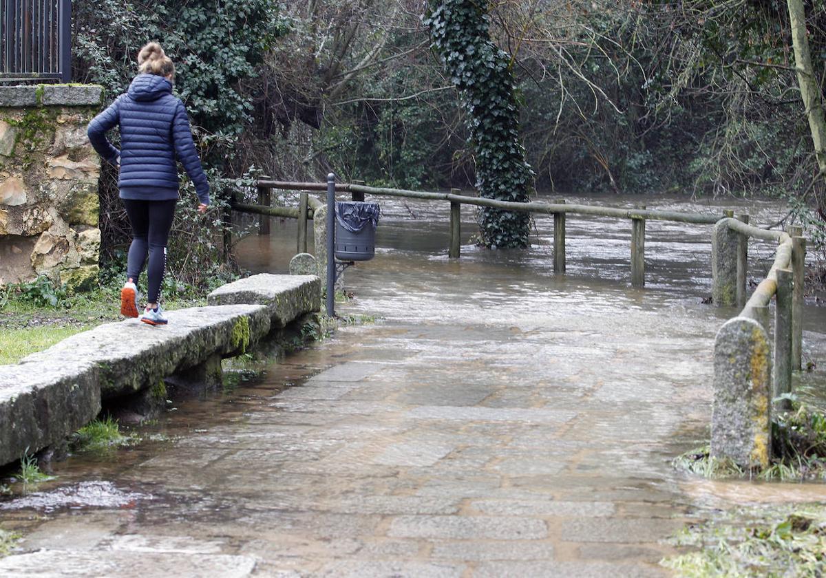 Una mujer observa un sendero inundado por el río Eresma en la ciudad de Segovia.