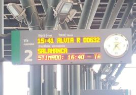 Uno de los paneles que marcaba el retraso del tren en la estación Rosa Manzano de Burgos