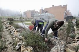 Usuarios de la Fundación Intras durante la inauguración del jardín terapéutico