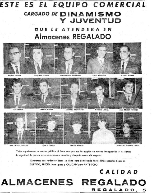 Anuncio publicado en El Norte el 3 de octubre de 1965, dos días después de la inauguración de Almacenes Regalado, con las fotos de toda la plantilla.