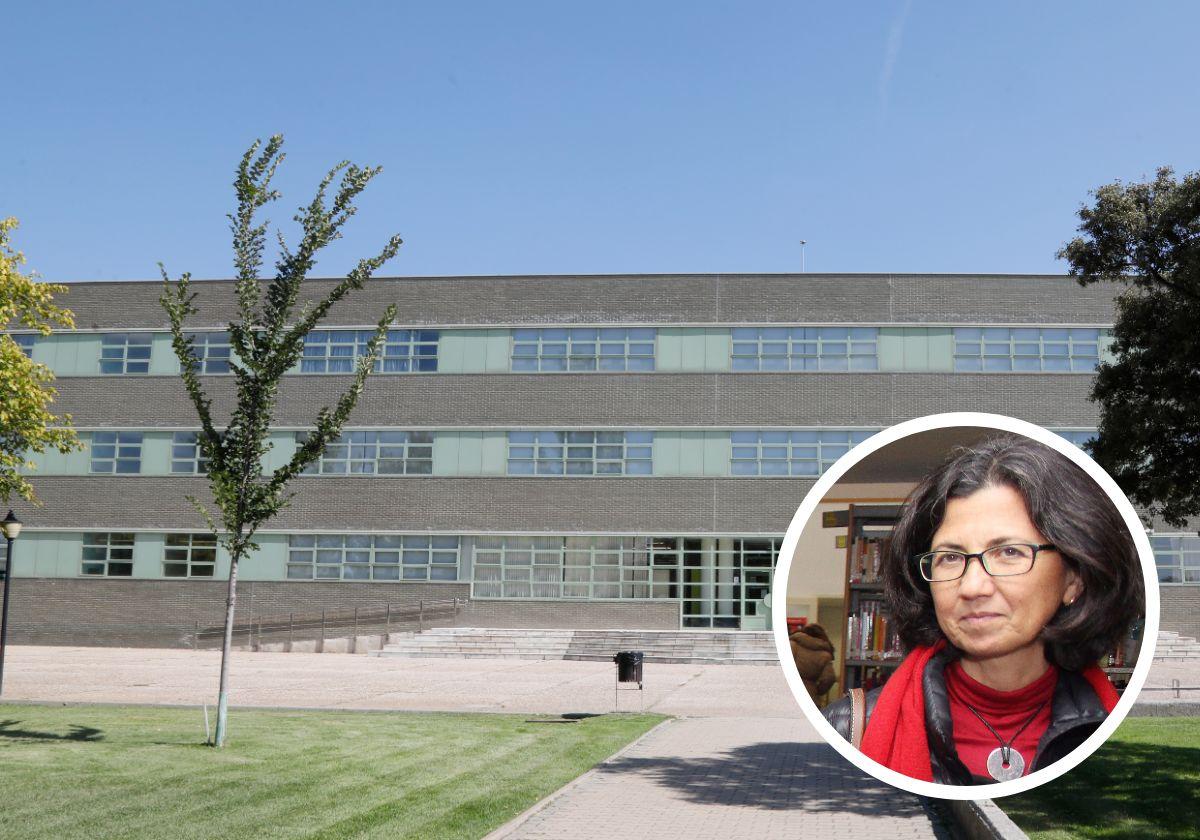 Edificio de INgenierías Agrarias del campus de Palencia y detalle de la profesora Rosario Sierra.