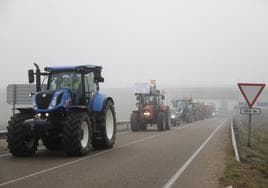 Los tractores se dirigen desde Peñafiel a Valladolid para la movilización del 14 de febrero.