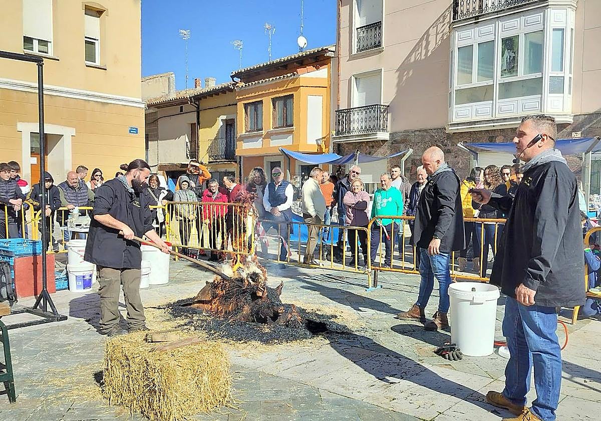 Labores de chamuscado del cerdo en Torquemada.