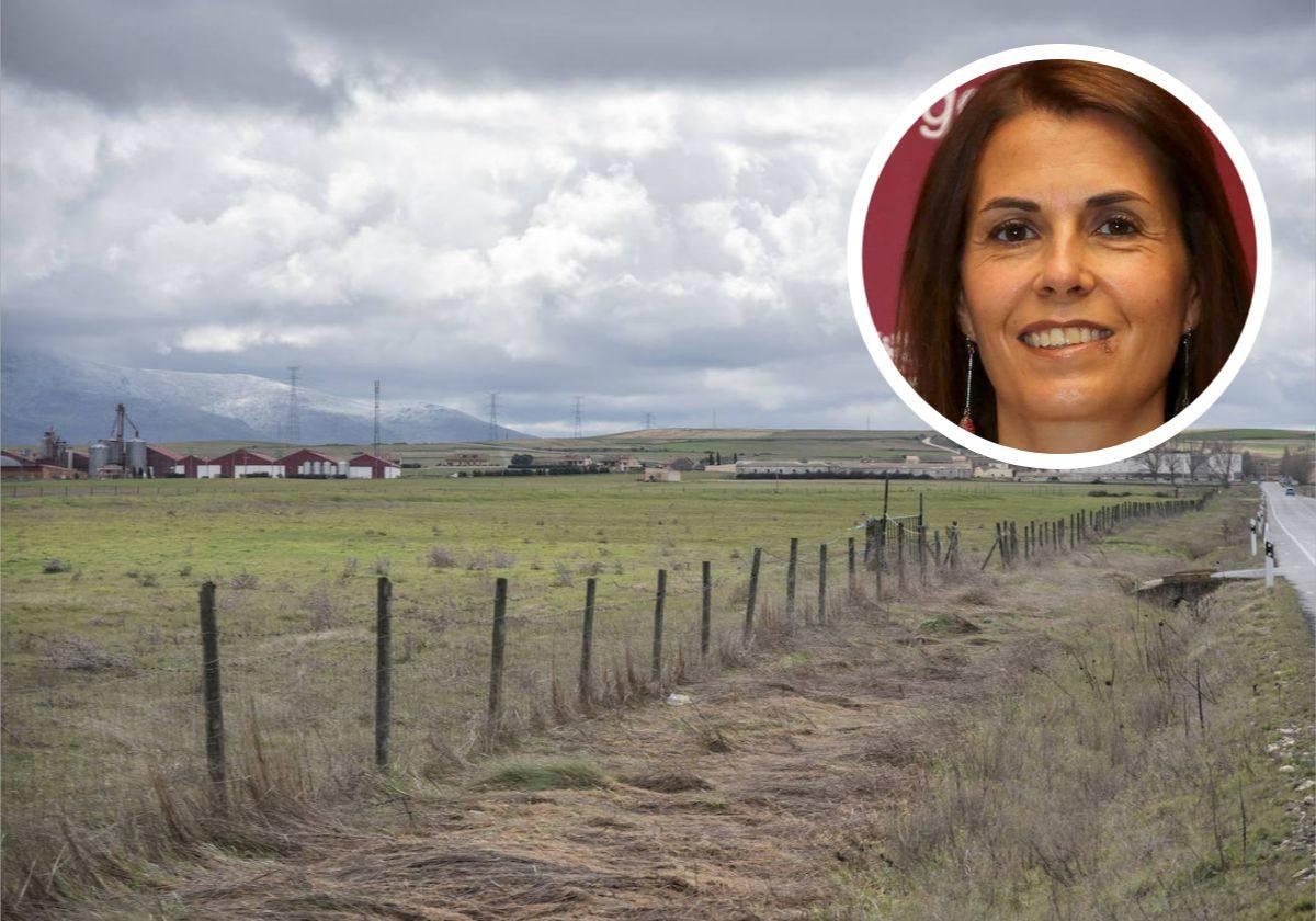 Terrenos en Abades a un lado de la carretera a Martín Miguel con naves al fondo, y en el círculo, la alcadesa del municipio, Magdalena Rodríguez.