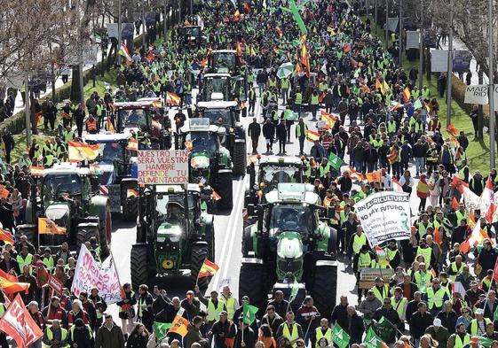 Un momento de la movilización de agricultores y ganaderos celebrada este lunes en Madrid.