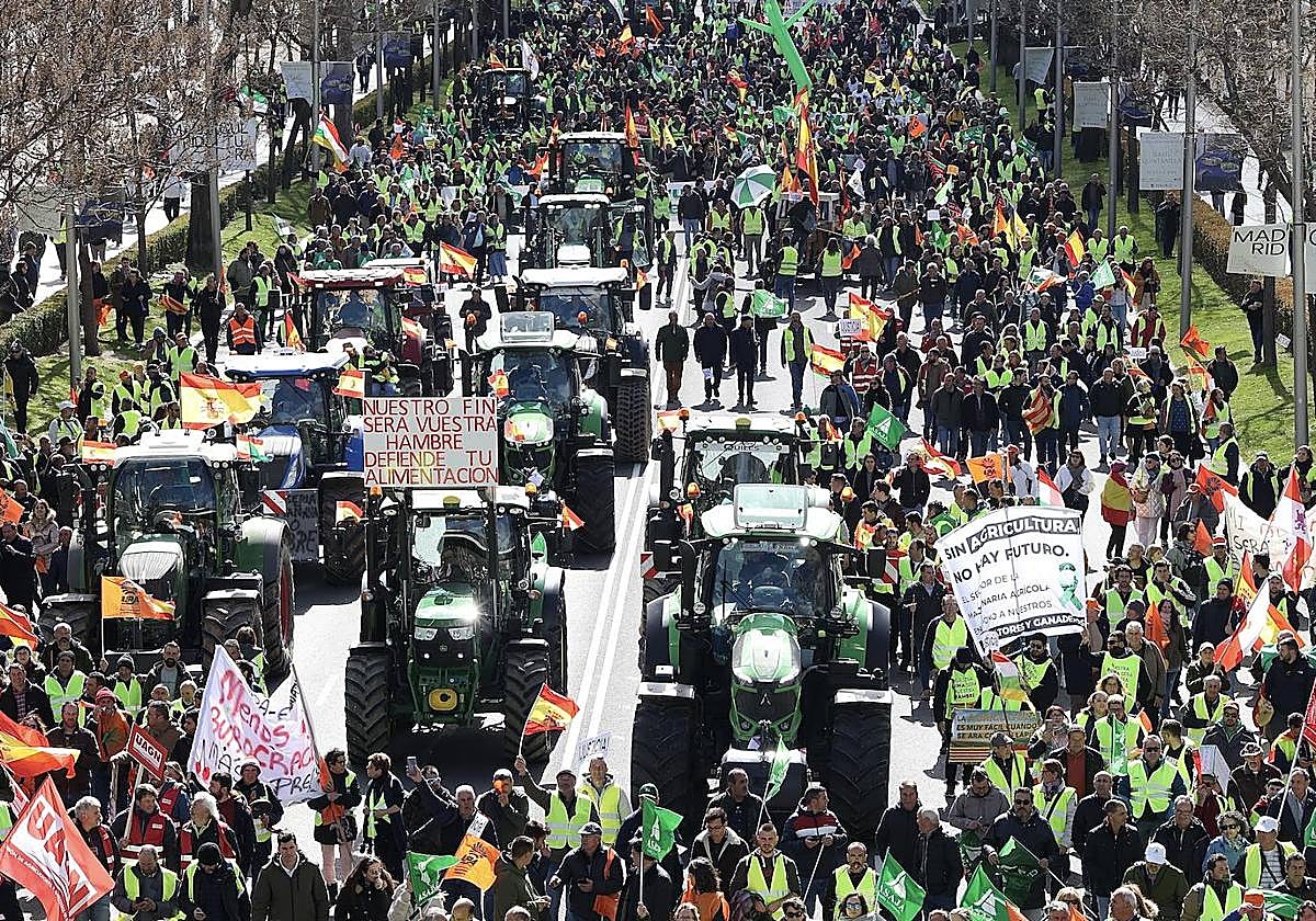 Un momento de la movilización de agricultores y ganaderos celebrada este lunes en Madrid.
