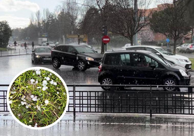 Granizada en la avenida Sánchez Arjona y detalle del granizo acumulado en los jardines de dicha vía.