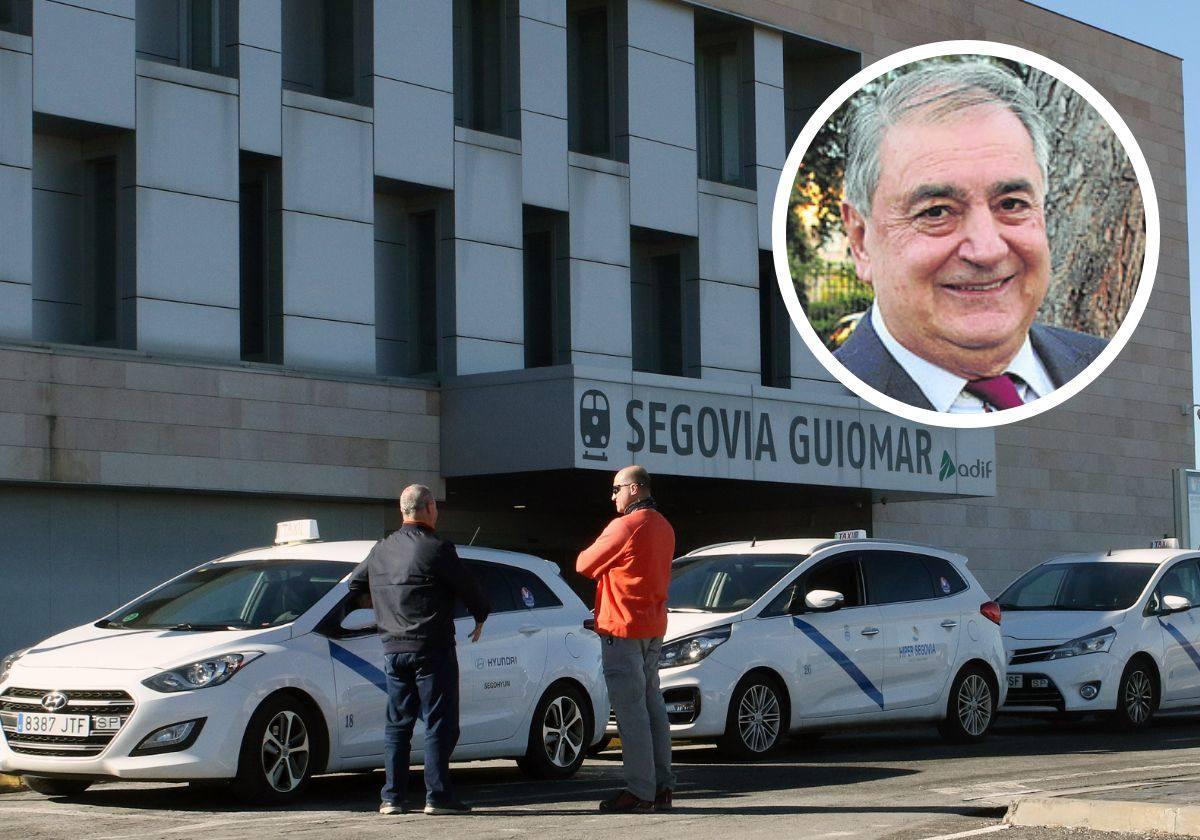 Taxis en la estación del Ave; en pequeño, el presidente de Asetra, Juan Andrés Saiz Garrido.