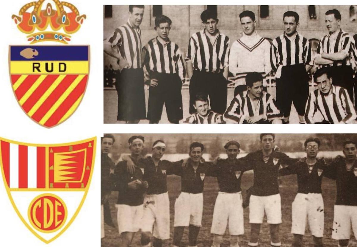 Escudos y plantillas de la Real Unión Deportiva (arriba) y el Club Deportivo Español en los años 20 del pasado siglo antes de su fusión para crear el Real Valladolid