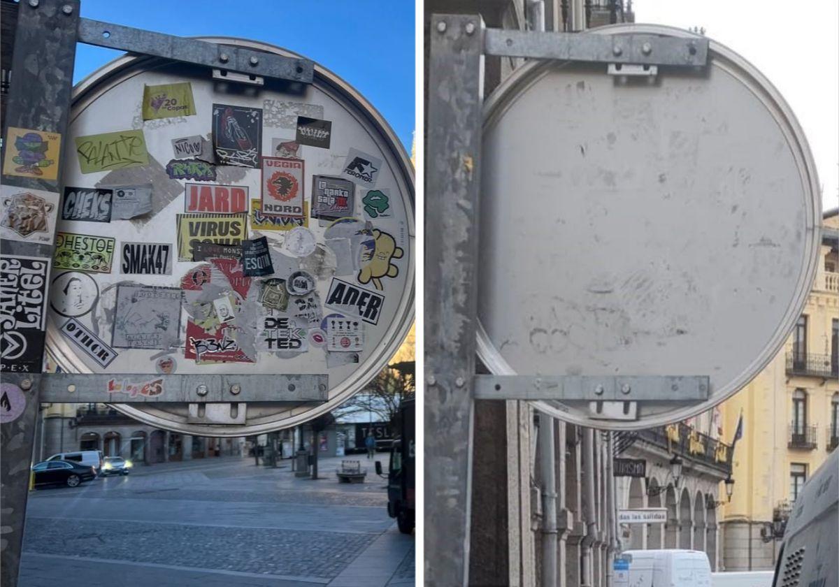 Antes y después de las labores de limpieza en una señal en la calle Cronista Lecea que estaba llena de pegatinas.