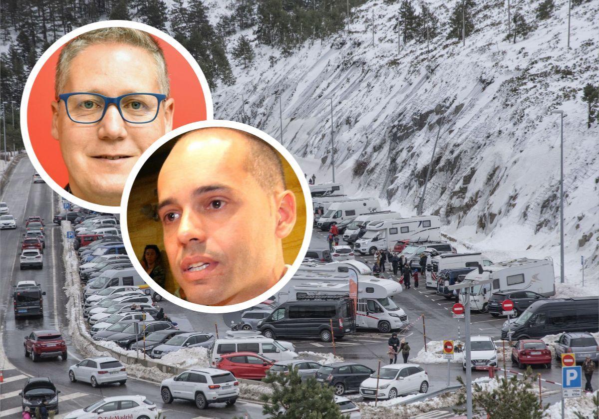 Los alcaldes del Real Sitio y Torrecaballeros, Samuel Alonso y Rubén García de Andrés, en los círculos sobreimpresionados sobre el parking lleno de Navacerrada.