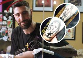El tatuador Sergio Castro y detalles de sus diseños del Ecce Homo y de la Virgen de las Angustias.