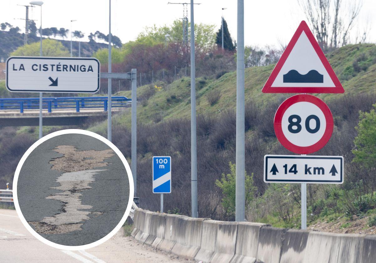 Señalización de la nueva velocidad máximas en la Autovía del Duero y uno de los baches de la carretera.