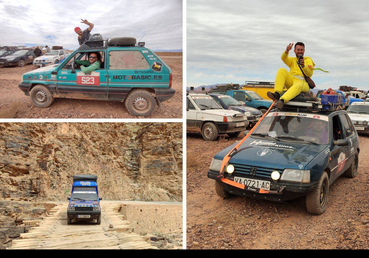 David y José Ignacio (arriba a la izquierda), abajo el Seat Terra 4x4 de Juan José y Beatriz y a la derecha Ángel Fernández sobre su Peugeot 205 de 1995
