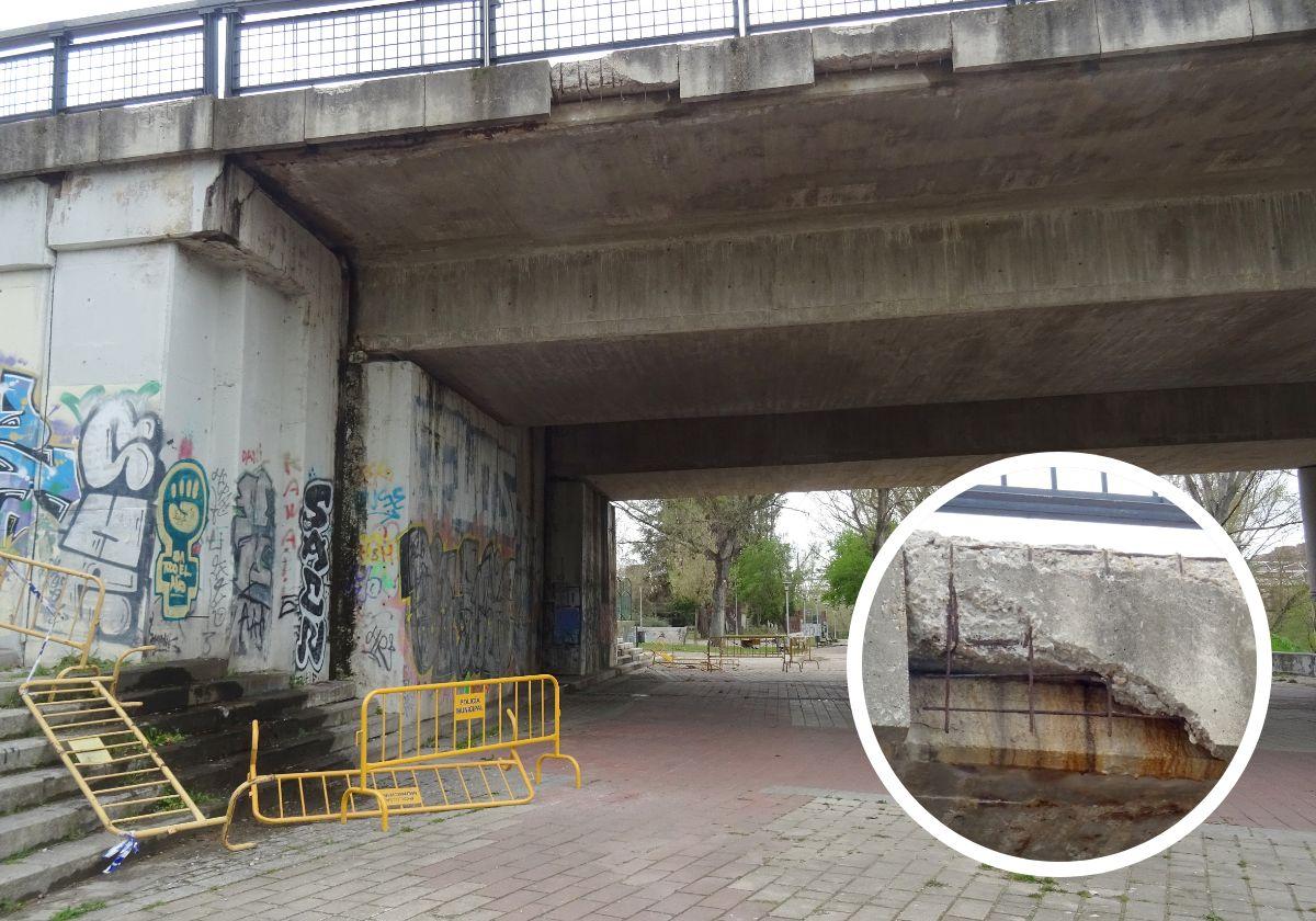 Vallas protegiendo las dos esquinas de las escaleras bajo el tablero del puente de Juan de Austria y detalle de los desconchones.