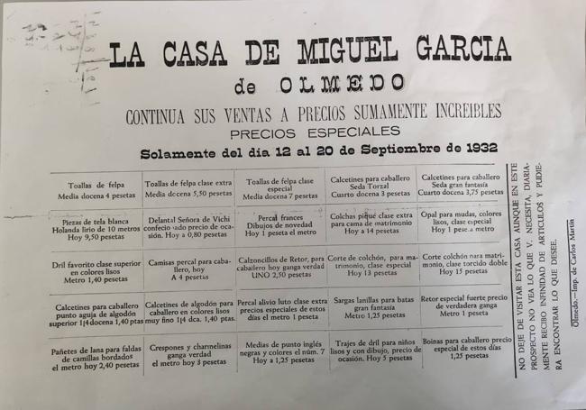 Publicidad del comercio de Miguel García en Olmedo.