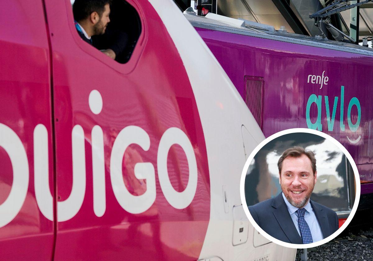 Un tren de Ouigo y otro de Avlo, en la estación Campo Grande de Valladolid y, en detalle, el Ministro de Transportes, Óscar Puente.