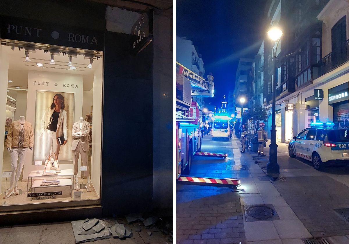 A la izquierda, la baldosa en el suelo tras desprenderse. A la derecha, Policía Municipal, Bomberos y ambulancia tras el suceso.