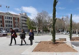 Tres personas caminan por la zona donde se han plantado los nuevos árboles.