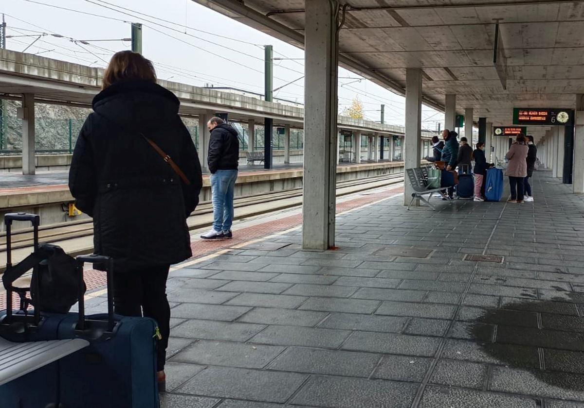 Un grupo de viajeros espera en el andén de la estación del Ave de Segovia un tren procedente de Madrid.