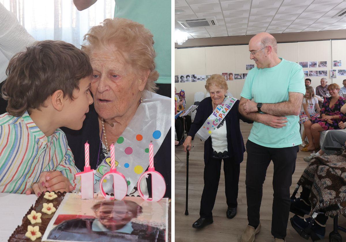 Benita, durante la celebración de su cumpleaños, con su biznieto Celes y con su hijo Carlos.