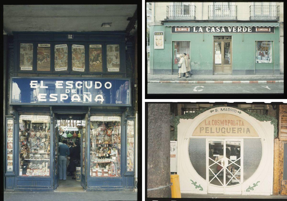 Escaparates de El Escudo de España, La casa verde y La Cosmopolita.
