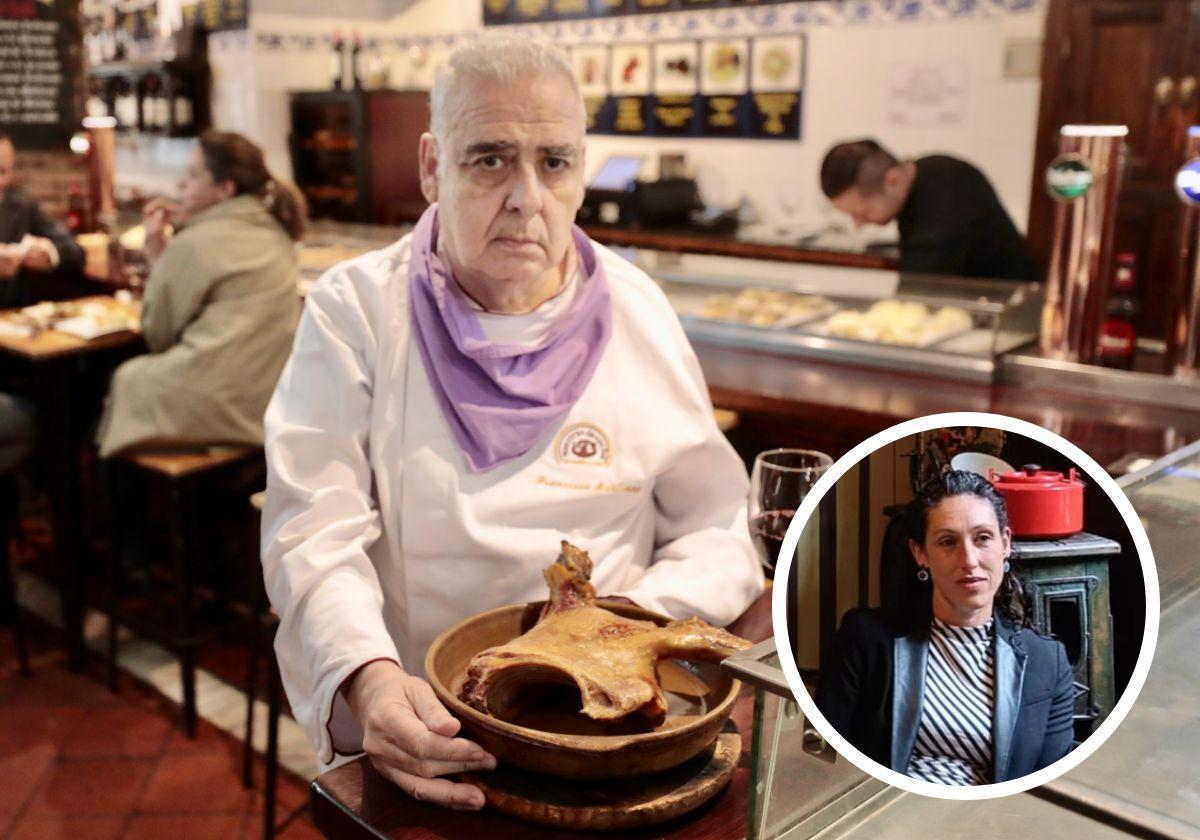 Paco Martínez, este viernes, en la barra de su restaurante. En el círculo, su pupila Elena Martín Unibaso.