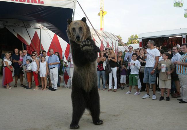 El oso Yogui, en el exterior a la carpa del Gran Circo Mundial, en septiembre de 2009, en el recinto ferial de Valladolid.