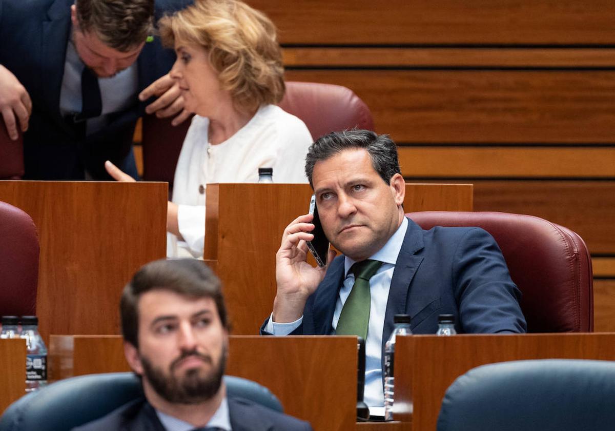 Raúl de la Hoz habla por teléfono desde su escaño en un pleno de las Cortes de Castilla y León.