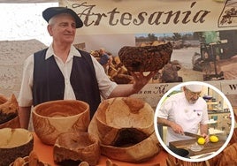 Jesús Orta posa con una de sus creaciones. En el círculo, Karlos Arguiñano utilizando la tabla en su programa de Antena 3.