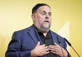 El presidente de ERC, Oriol Junqueras, durante su comparecencia de ayer.