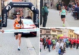 A la izquierda, Víctor Guerra, ganador en categoría masculina. Arriba a la derecha, Marta Medina se aproxima a la línea de meta. Abajo, público asistente este domingo a la Media Maratón del Cerrato.