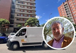 El furgón forense tras intervenir en un suicidio en Valladolid. A la derecha, Jesús de Blas, vicedecano del Colegio Oficial de Psicología de Castilla y León.