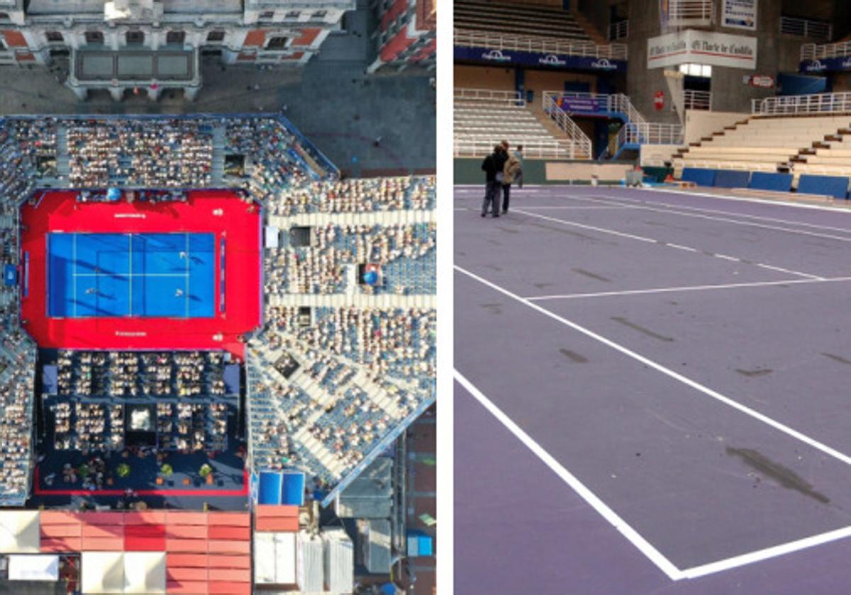 Montaje de la pista en la Plaza Mayor, y al lado, el polideportivo Pisuerga que acogerá el próximo torneo.