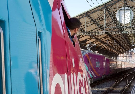 Un tren Avlo pasa junto a uno de Ouigo en la estación de trenes de Valladolid.