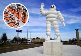 Entrada a la factoría de Michelin en Valladolid. En el círculo, una estación de préstamo.