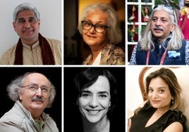 Desde arriba, Vikas Swarup, Namita Gokhale, Sanjoy Roy, Antonio Colinas, Nuria Barrios y Pallavi Aiyar.