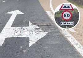 Bache y señal por desniveles en el firme en la Autovía del Duero, a finales de marzo.