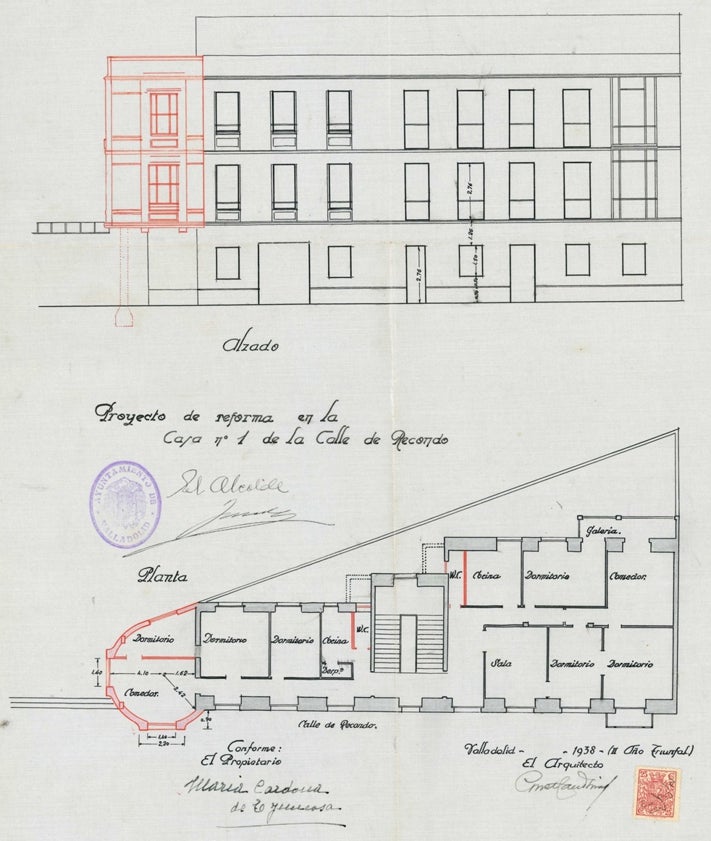 Imagen secundaria 2 - Arriba, fachada del inmueble que daba a las vías, en 1982; abajo, la actriz dando el pregón de las fiestas de Valladolid en 1985 y plano de la fachada y de la planta baja de su casa natal en 1938.