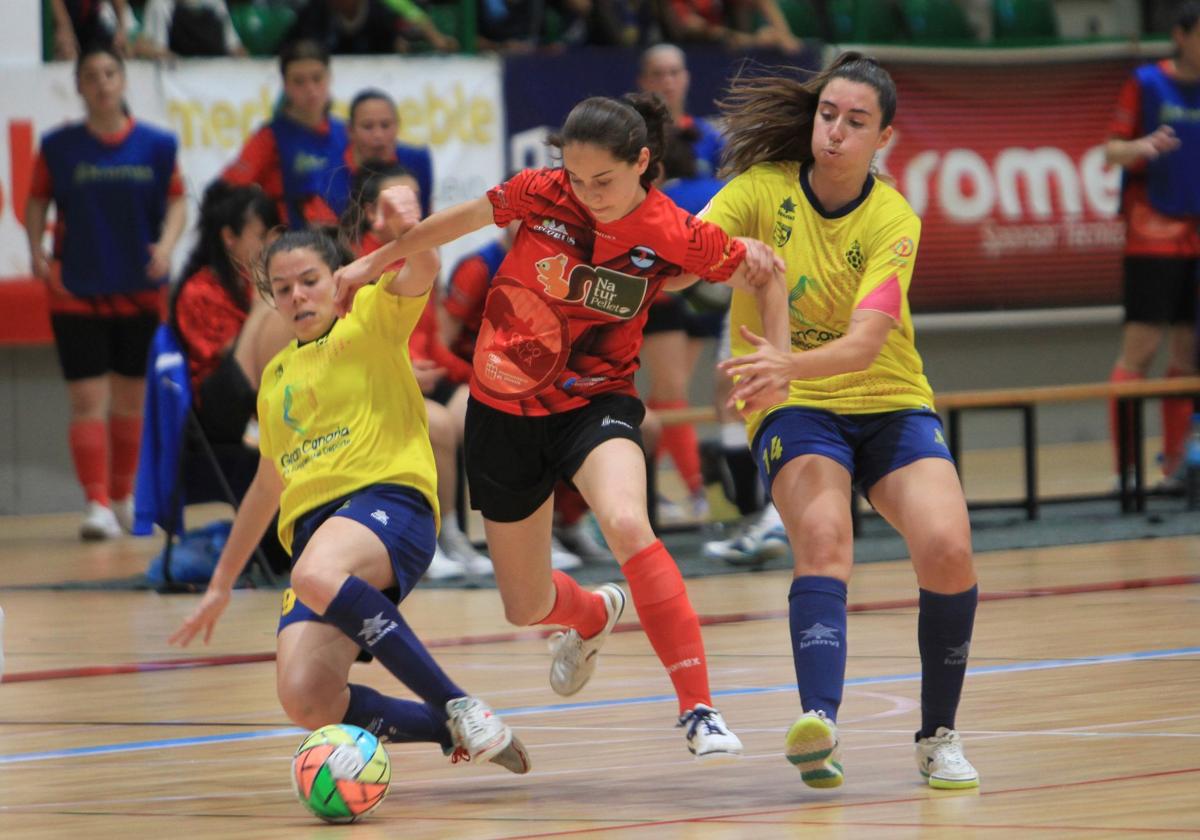 Dos jugadoras canarias intentan frenar un avance del Segosala Naturpellet.