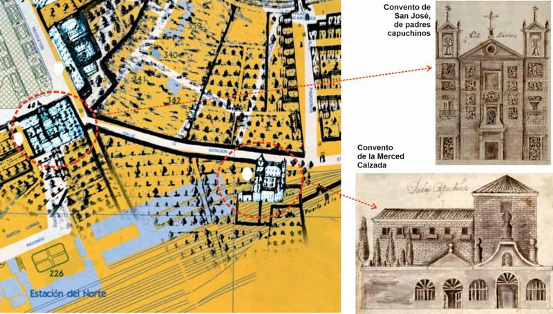 Montaje realizado con los dibujos de las iglesias de los conventos de los Capuchinos y de la Merced Cazada, realizados por Ventura Pérez en el siglo XVIII, y la composición gráfica de la superposición del plano de Bentura Seco y de la cartografía actual realizada por Juan Carlos Urueña.