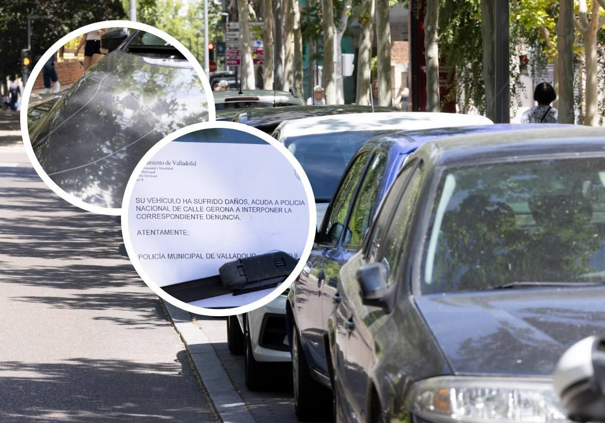 Hilera de coches afectados. En los detalles, aviso de la Policía Municipal para que denuncien los hechos y uno de los rayones en un capó.