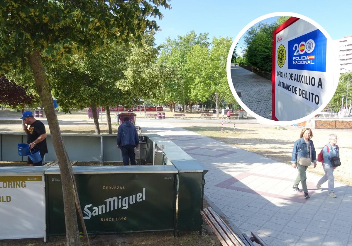 Instalación de barras al borde de la playa de Las Moreras y detalle del puesto policial de auxilio instalado en el paseo.