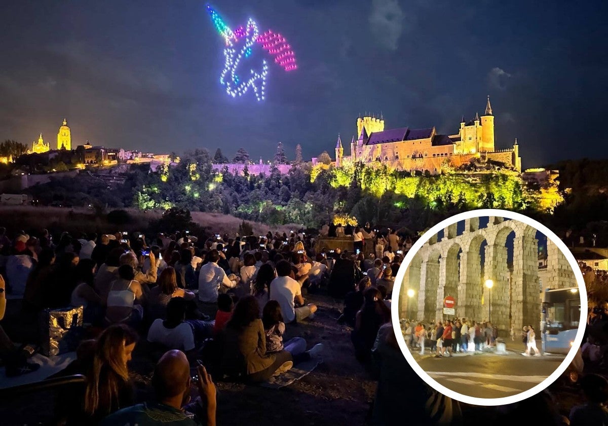 Espectáculo de drones y colas para coger la lanzadera en la plaza Oriental.