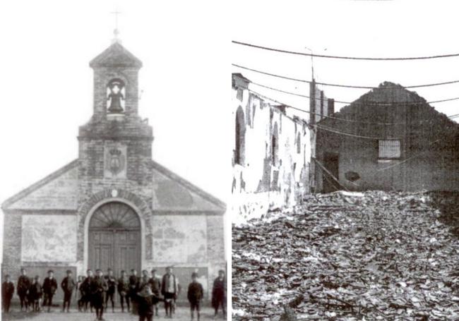 La iglesia del Carmen en 1920, antes de sus incendios de 1936. / Interior de la iglesia del Carmen tras el incendio.