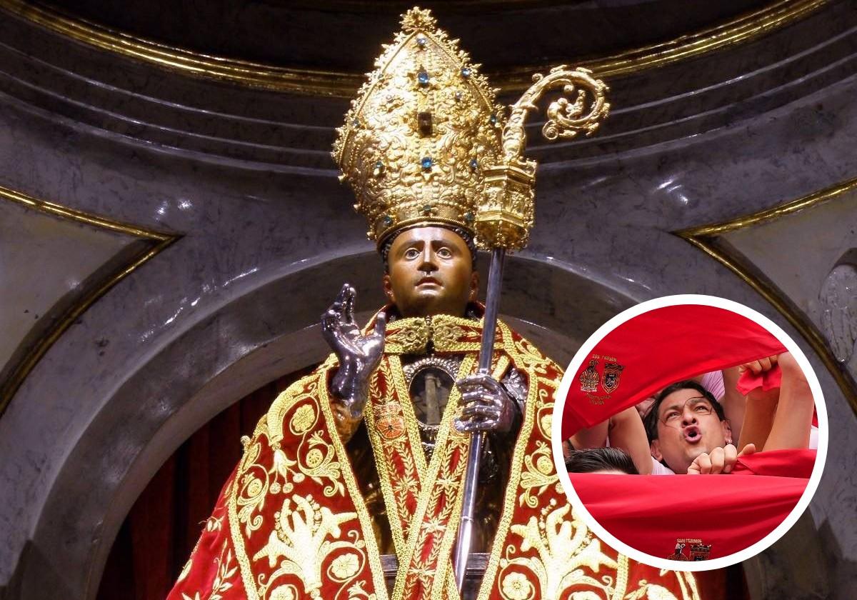 San Fermín, uno de los patrones de Navarra, cuyas fiestas se ilustran en el círculo.