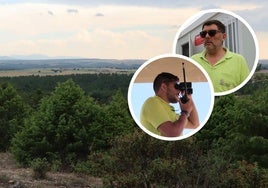 Vista de la masa forestal junto al puesto de vigilancia de Valdesimonte; en pequeño, los vigilantes Jaime Barbado y Bernardo González.